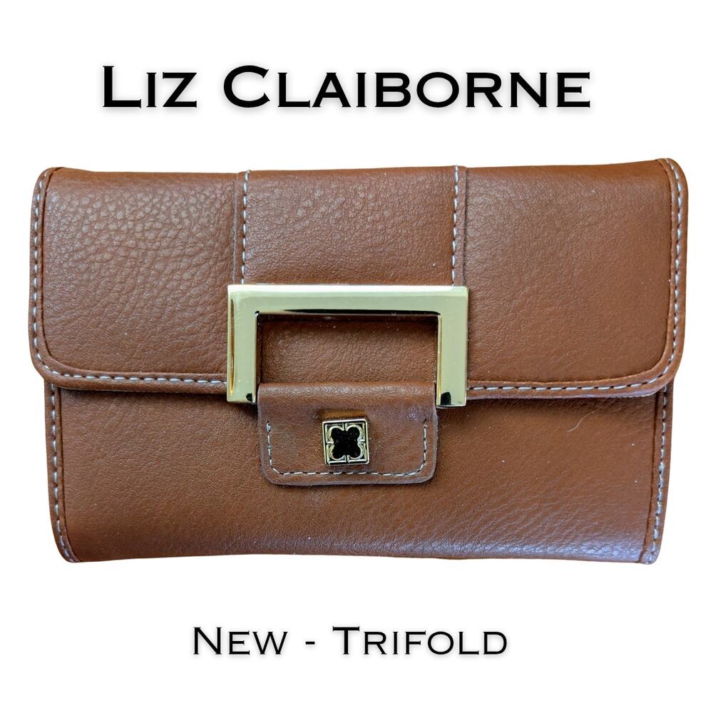 Liz Claiborne Trifold Wallet Cognac Brown Faux Leather Gold Buckle Organizer NEW